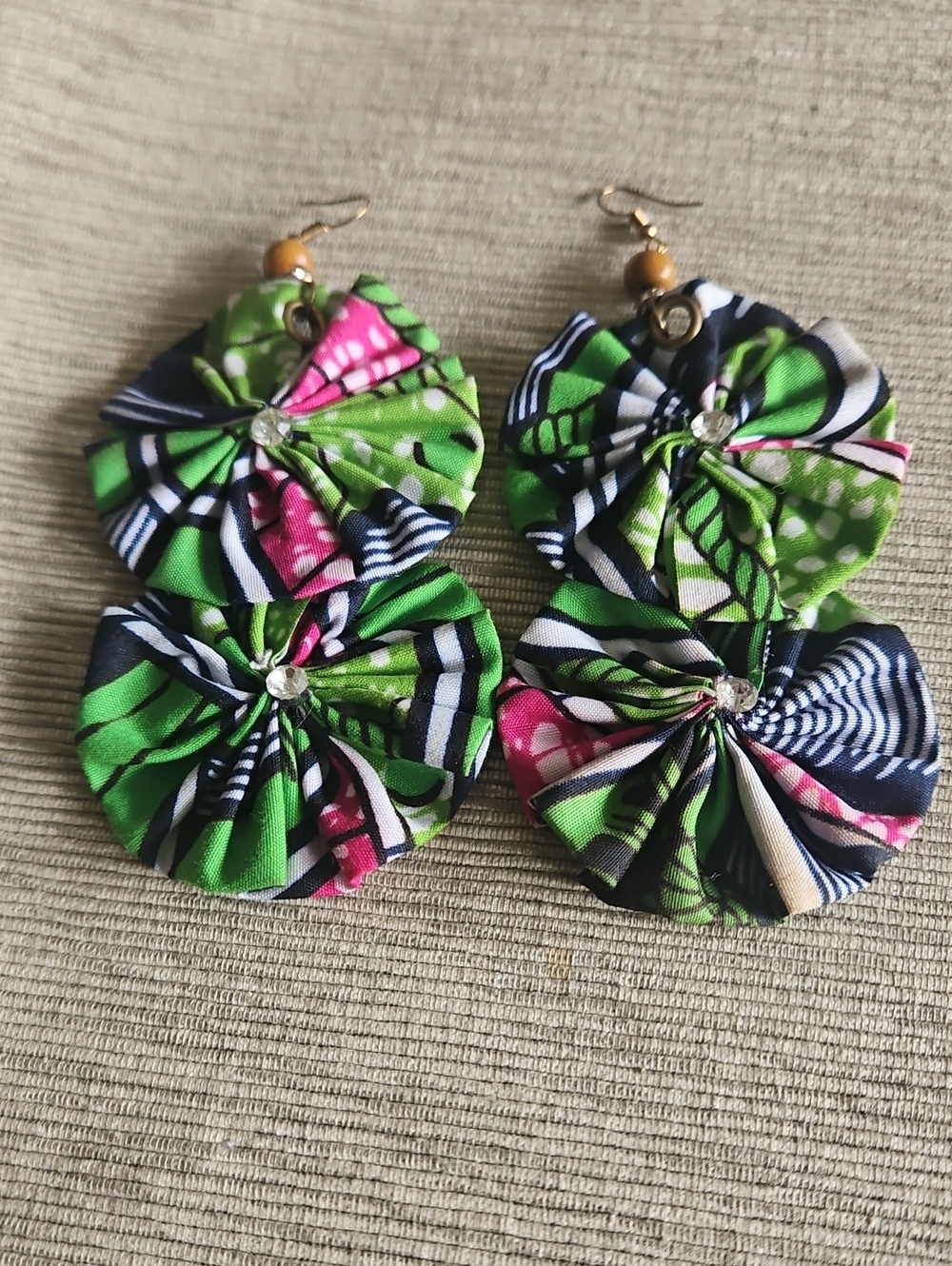 4 For $10 Handmade Green & Pink Fabric Flower Drop Earrings